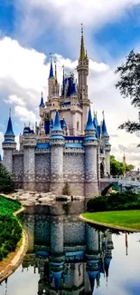 Magical castle reflected in a serene moat with vibrant sky.