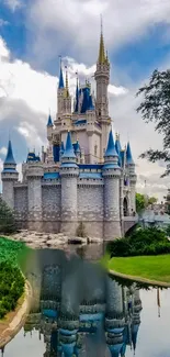 Enchanting castle reflected in a tranquil pond, surrounded by vibrant nature.