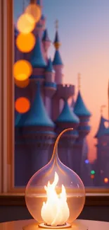 Magical castle view with glowing lamp and sunset colors in background.