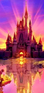 Fairy tale castle at sunset with reflections in a calm lake.