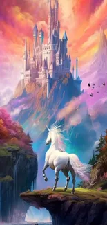 Vibrant magical landscape with unicorn and castle under a colorful sky.