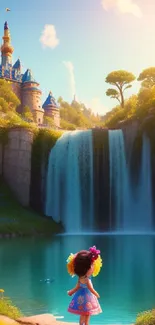 A girl stands before a castle and waterfall, surrounded by vibrant nature.