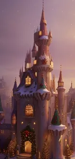 Enchanting winter castle with festive lights.