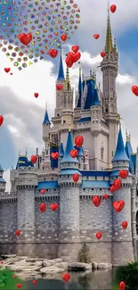 Fairy tale castle with red heart balloons floating around.