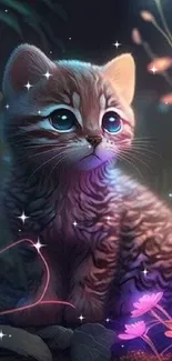 A cute kitten sits surrounded by glowing flowers at night.