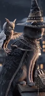 Cat and owl in magical night cityscape with witch's hat.