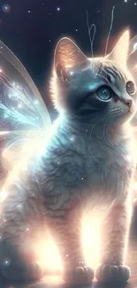 A whimsical cat with glowing butterfly wings set against a dark, starry background.