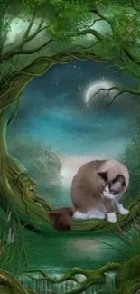 A cat sits peacefully in an enchanted forest under a crescent moon.