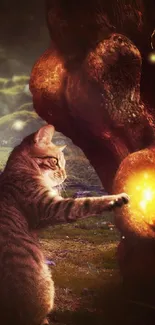 Fantasy cat explores magical light in enchanted forest wallpaper.