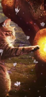 Cat interacts with glowing tree in a fantasy setting with butterflies.