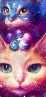 Colorful cosmic cats in a galaxy-themed wallpaper with vibrant purple hues.