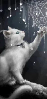 White cat reaches for glowing web fairy in a dark magical scene.