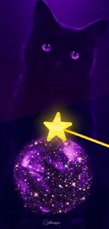 Shadowy cat with glowing eyes and magic wand on a purple background.