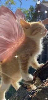 Kitten with pink fairy wings basking in sunlight.