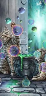 Whimsical cats with a cauldron and bubbles in a fantasy scene.