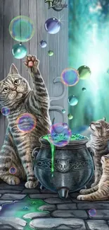 Fanciful cats around a colorful cauldron amidst a mystical backdrop.