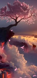 Cherry blossom tree on a mystical cliff with vibrant clouds.