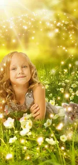 Child and kitten in sunlit meadow with flowers exuberantly shining.