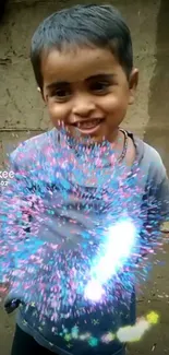 Smiling child surrounded by colorful sparkling effects on a mobile wallpaper.