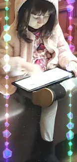 Child using tablet with pastel lights and magical ambiance.