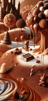 Whimsical chocolate fantasy landscape with trees and rivers