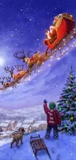 Santa's sleigh flying over snowy village with Christmas tree and child waving.