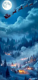 Santa's sleigh flying over moonlit snowy village.