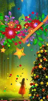 Christmas tree in magical forest with colorful ornaments and lights.