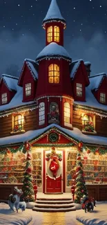 Cozy Christmas house with festive lights in a snowy winter night.