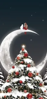 Enchanting Christmas tree under starry sky with crescent moon.