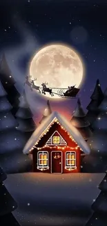 Christmas night with cabin, moon, Santa's sleigh and trees.