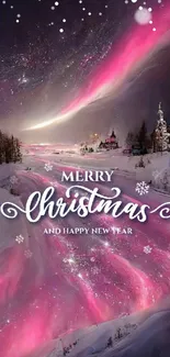 Magical Christmas night wallpaper with pink skies and snow.