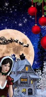 Christmas scene with Santa, moon, and festive decorations.