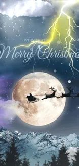 Magical Christmas night with Santa's sleigh in a snowy, moonlit sky.