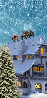 Santa's sleigh flies over a snowy house at night.