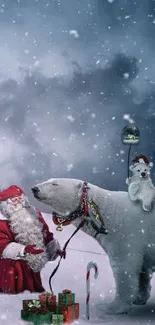 Santa, polar bears, and gifts in a snowy holiday scene.