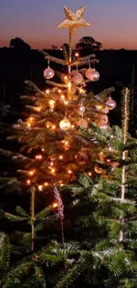 Lush Christmas tree lit up in a forest at dusk.