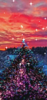 Christmas tree with sparkling stars against a vibrant sunset sky.