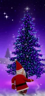 Santa Claus under a glowing Christmas tree on a purple night.