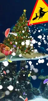 Magical underwater Christmas scene with tree and gifts.