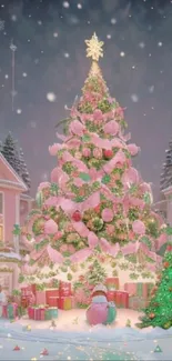 Enchanting village with a Christmas tree and snowy ambiance.