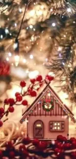 Cozy Christmas wallpaper with lights and gingerbread house.