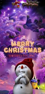 Cheerful snowman with Santa's sleigh in a magical, purple Christmas scene.