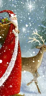 Santa with reindeer in snow under a starry sky, perfect for festive phone wallpaper.