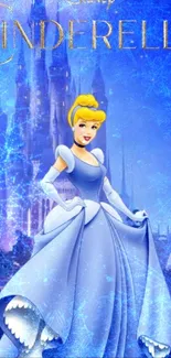 Cinderella in blue gown with castle background.