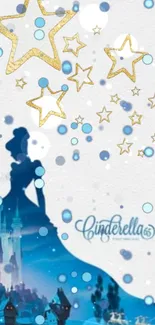 Cinderella themed wallpaper with stars and blue silhouette.