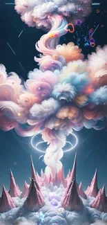 Colorful, whimsical cloudscape over surreal peaks mobile wallpaper.