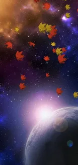 Colorful leaves fall in a purple starry galaxy above a moon.