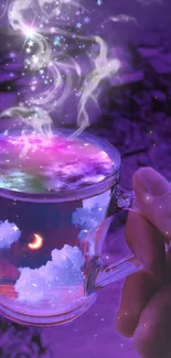 Cosmic scene in a cup with purple night sky and stars.