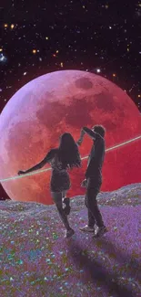 Couple dancing in cosmic scenery with a red moon in the background.